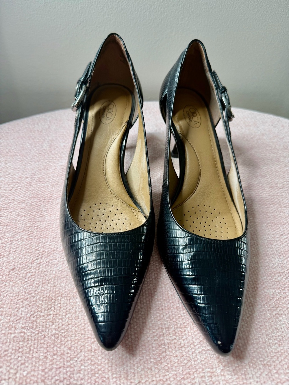 Pointed Croc-Embossed Black Slingback Heels